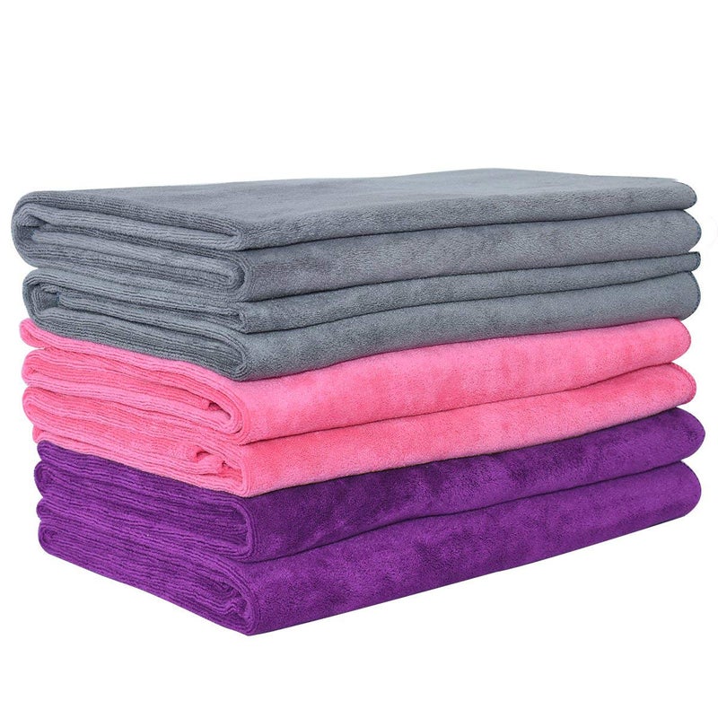 JML Microfiber Towels, Beach Towel Sets (6 Pack, 27" x 55") - Extra Absorbent, Fast Drying, Multipurpose for Bath, Swimming, Fitness, Sports, Yoga, Grey/Pink/Purple - Image 1
